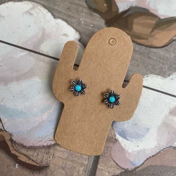 Flower Turquoise Stone Studs Post Earrings - Picture 4 of 5